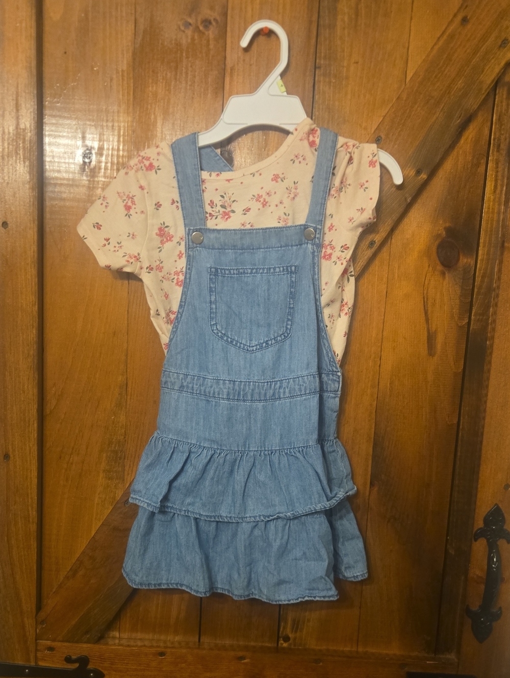 The Children's Place Light Blue Denim Ruffle Overall Dress with Floral Tee